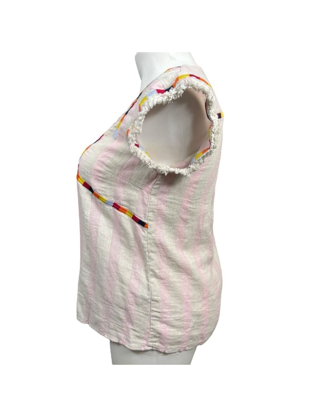 THML White Pink Stripe Multicolor Embroidered Short Sleeve Top L - Picture 6 of 9